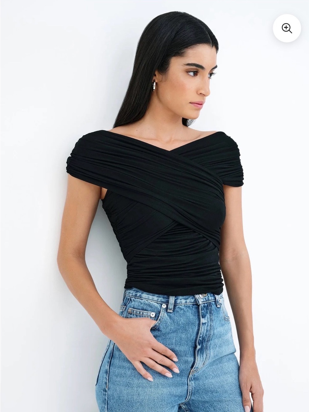 Marcella NYC Alyssa Infinity Top Black Off-Shoulder Ruched Cross-Front Camisole